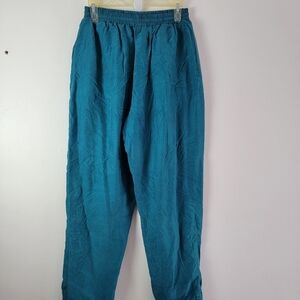80s Vintage Beautex Silk Joggers Track Pants Pockets Large Teal Jewel Tone